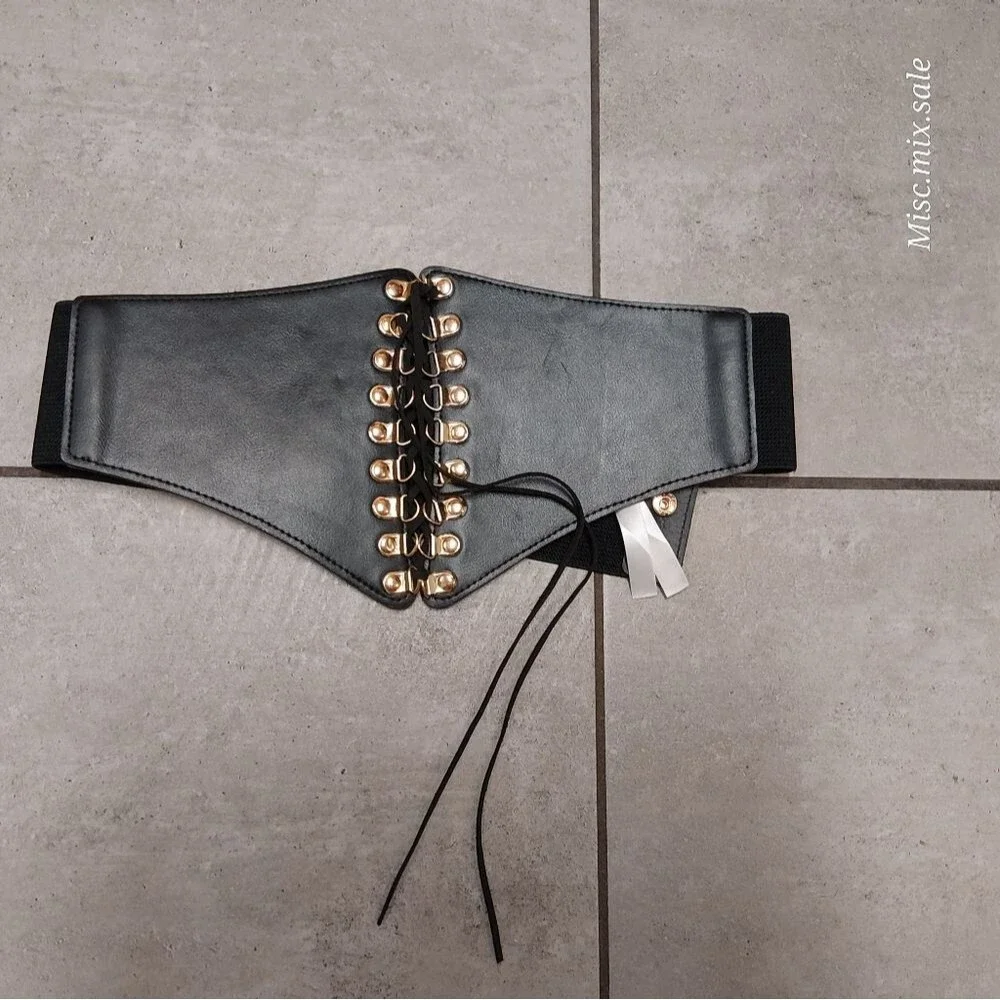 Chic Corset-Style Elastic Waist Belt – Black & Gold PLUS size Lace-up